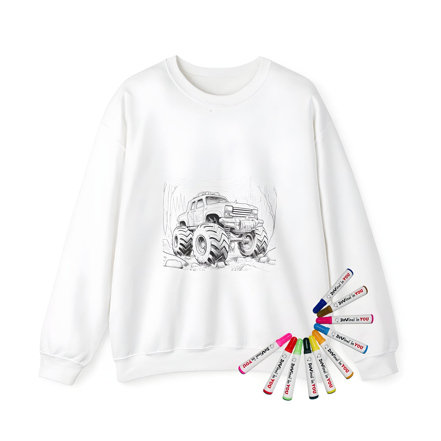 Adult sweatshirt featuring a detailed black and white drawing of a big rig, dump truck, or heavy-duty vehicle navigating through rough terrain in a forest setting.