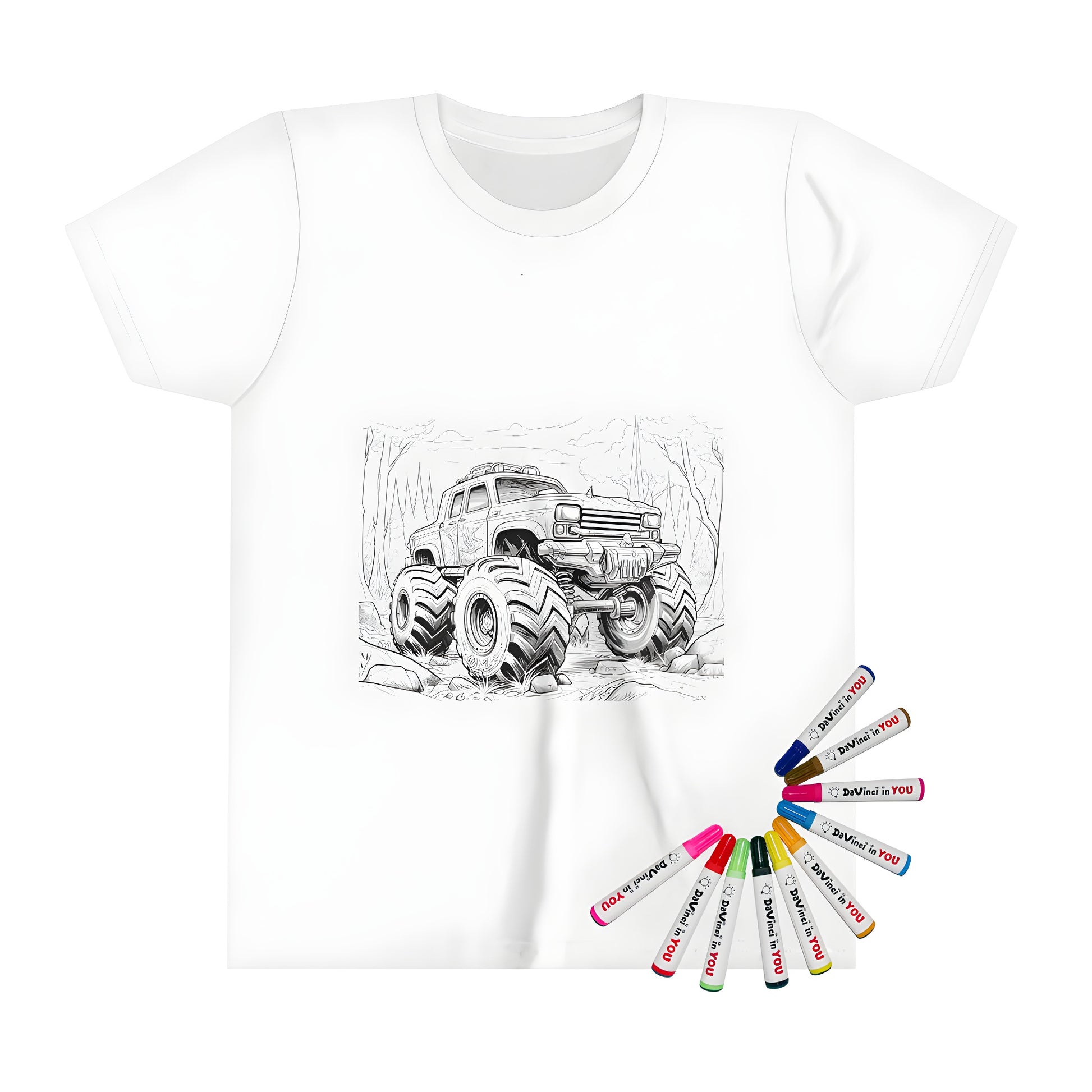 Monster truck design on a kid's t-shirt with fabric markers