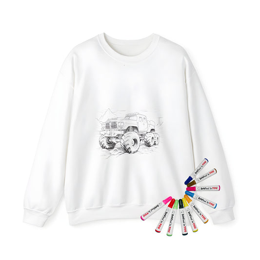 Adult sweatshirt with detailed coloring page design of monster truck, featuring large wheels and rugged suspension