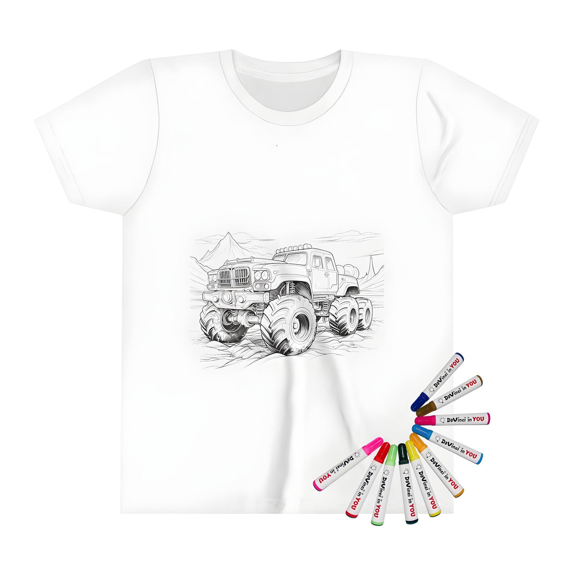 Kid's t-shirt with a fun monster truck design featuring large wheels and rugged suspension