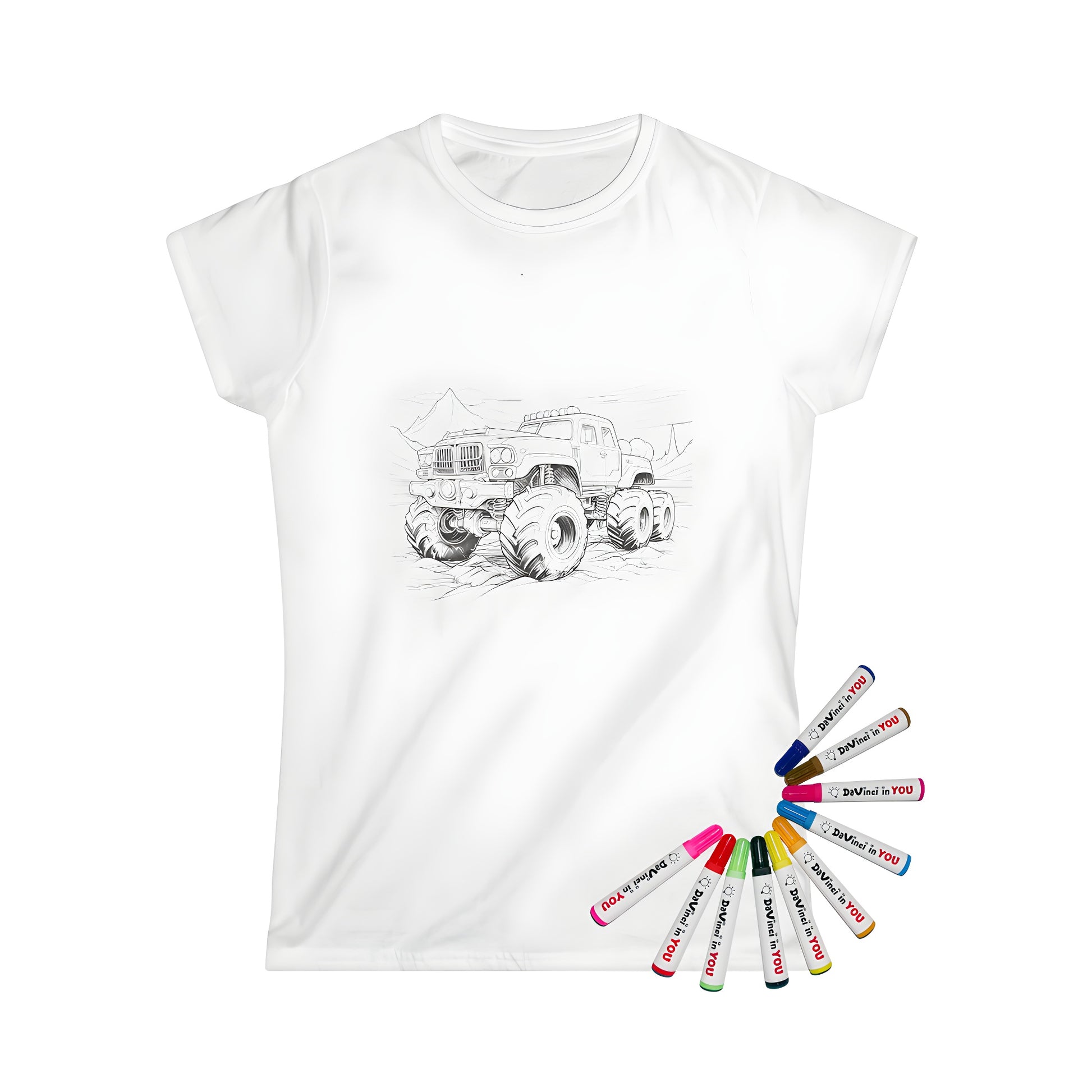 Women's t-shirt with a detailed coloring page design of a monster truck, featuring large wheels and rugged suspension.