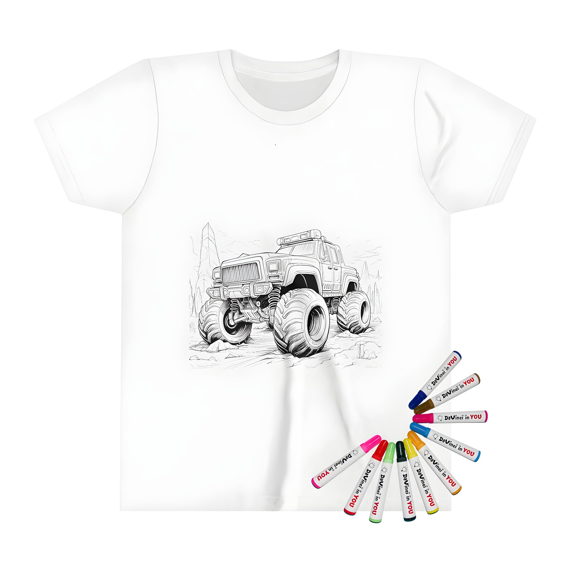 Kid's T-shirt featuring a fun and colorful monster truck design for boys, perfect for kids who love trucks and racing