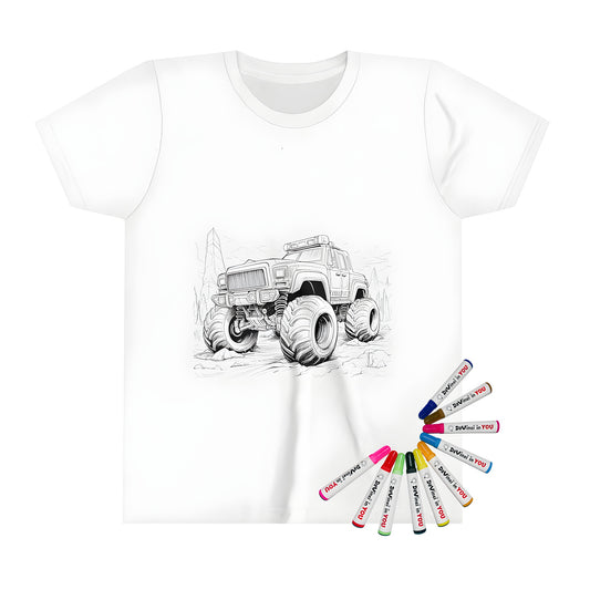 Kid's T-shirt featuring a fun and colorful monster truck design for boys, perfect for kids who love trucks and racing