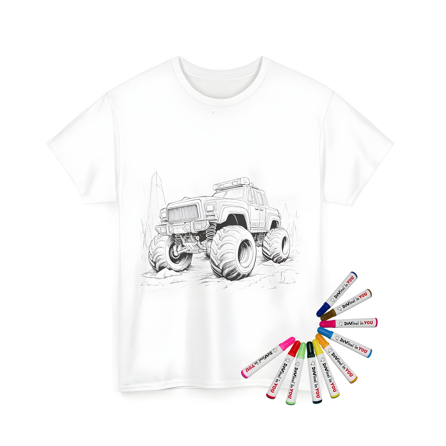 Monstrosity vehicle, beastly truck, and rugged terrain illustration on unisex t-shirt