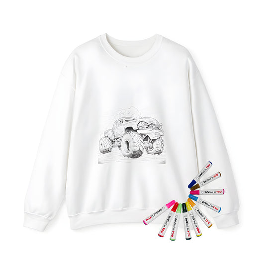 Adult sweatshirt with a colorful monster truck design, featuring large wheels and set against a wilderness background