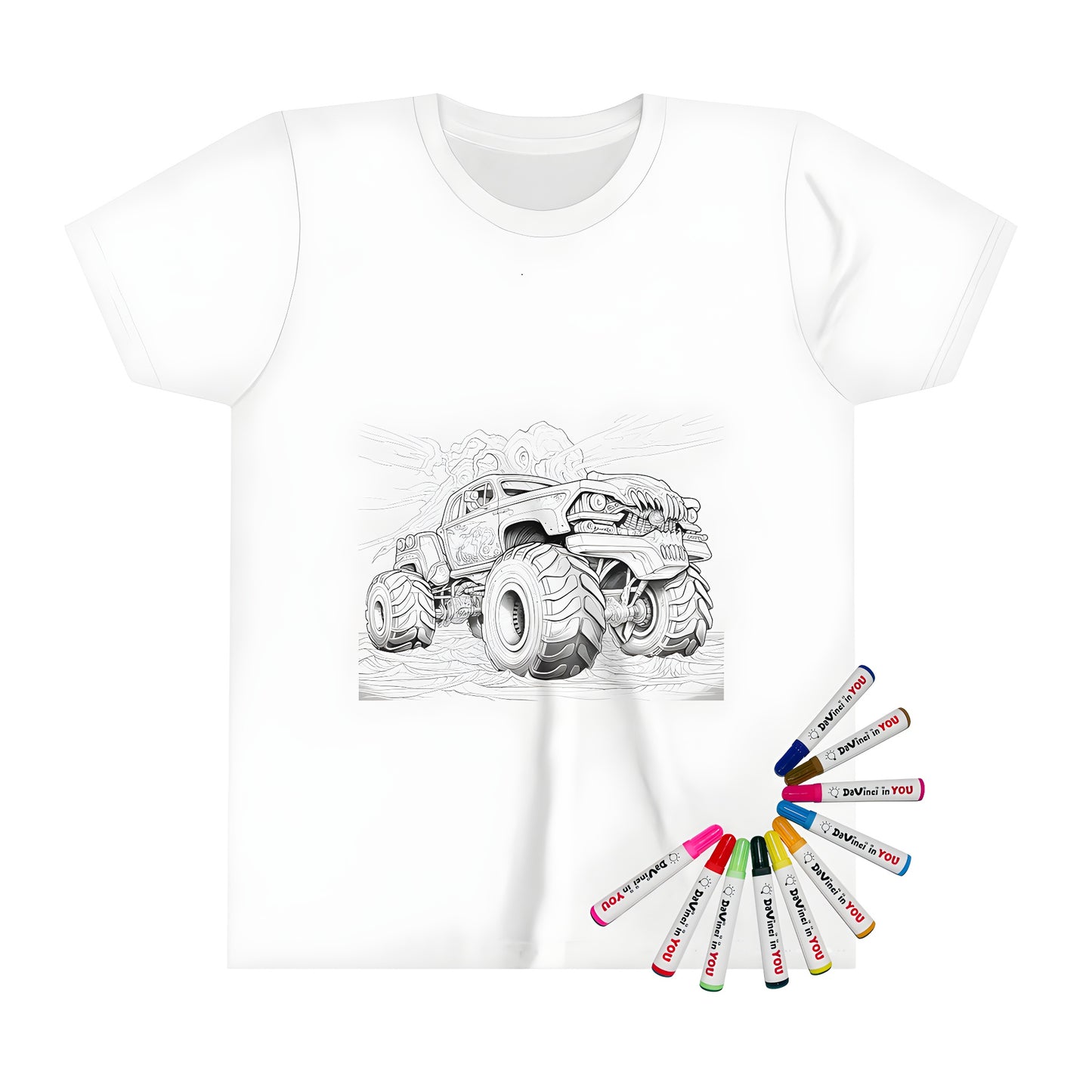 Detailed kid's t-shirt design featuring a black and white drawing of a large monster truck with wheels and smoke trails in the background, perfect for kids who love racing and adventure.