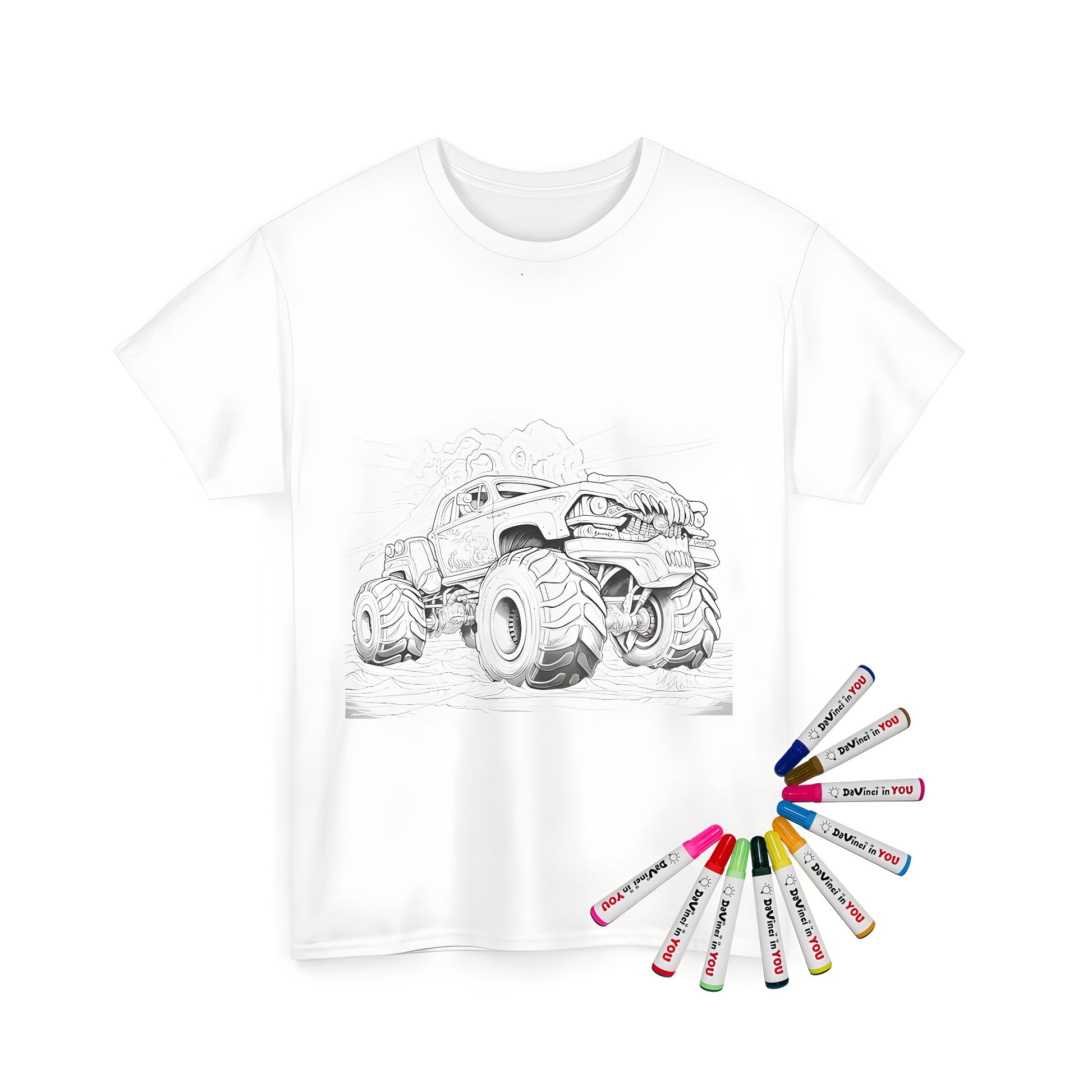 Durable unisex t-shirt with fun monster truck coloring kit