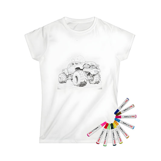 Women's t-shirt featuring a colorful monster truck design with detailed artwork of large wheels and smoke trails set in a wilderness background