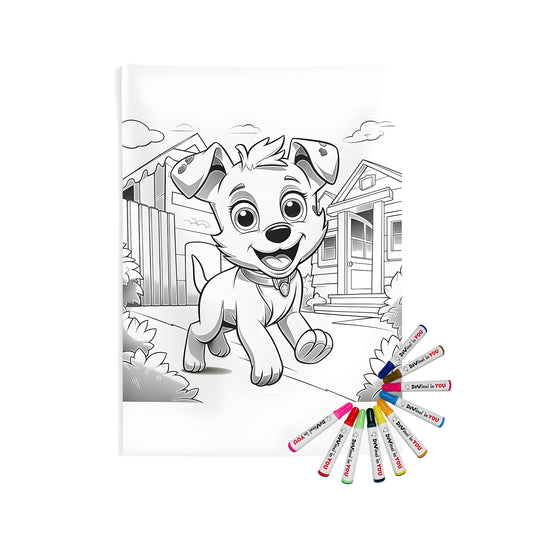 Coloring kit for indoor wall tapestries featuring a cute puppy design