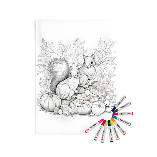 Autumn themed wall tapestry featuring squirrel illustration, perfect for home decor