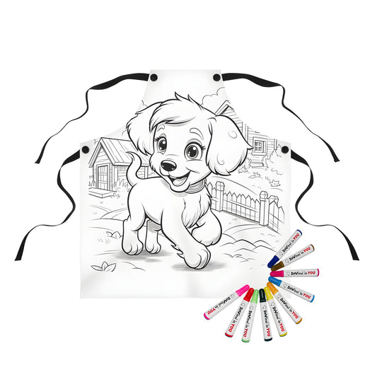 Colorful apron featuring a playful dog illustration