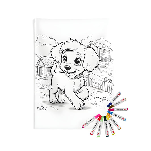 Coloring kit featuring a cheerful cartoon dog playing in a yard with houses, printed on an indoor wall tapestry