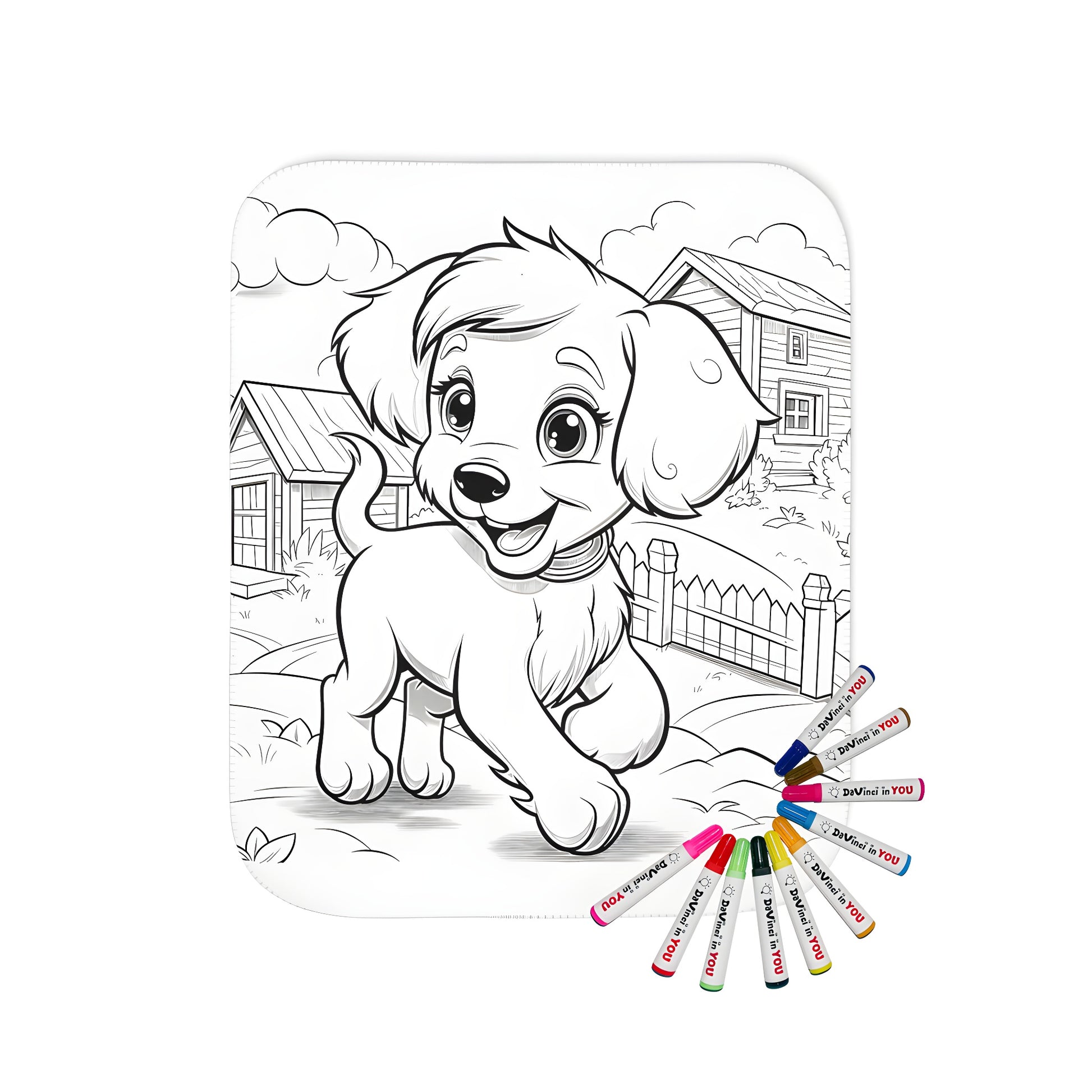 Coloring blanket featuring a cartoon puppy playing in a yard with houses in the background