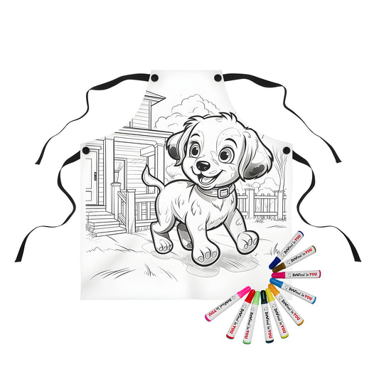 Cheerful puppy running in a happy yard apron with colorful fabric markers