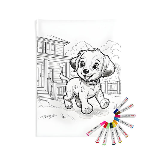 Coloring kit for indoor wall tapestries featuring cheerful pup in joyful yard scene