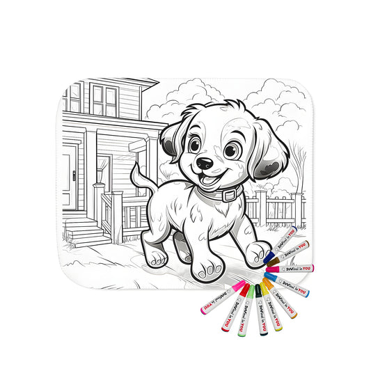 Cozy blanket featuring a cheerful dog running happily in a yard with a house and fence