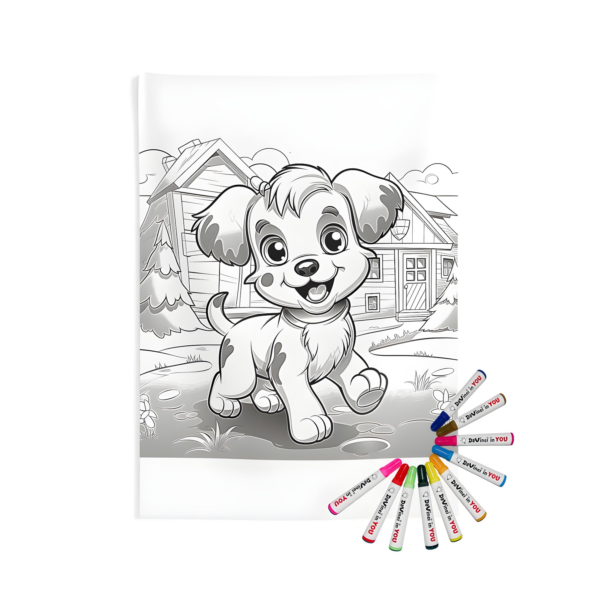 Indoor wall tapestry featuring cute cartoon puppy design, cozy home and garden elements for adult coloring enthusiasts