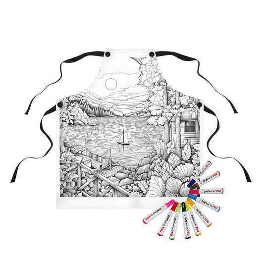 Serene lakeside scenery apron with sailboat, cabin, dock, and mountains - perfect for coloring enthusiasts