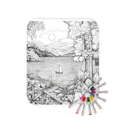 Cozy blanket featuring a serene lakeside scenery design with sailboat, cabin, and mountains