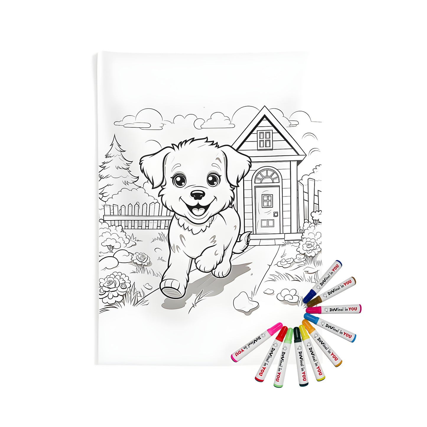 A colorful indoor wall tapestry featuring a happy dog running on a pathway in a garden with a house, flowers, and a fence background. Perfect for pet lovers and fans of cute puppies!