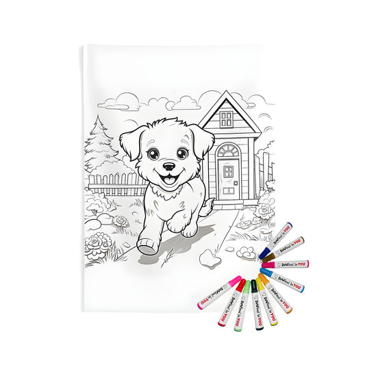 A colorful indoor wall tapestry featuring a happy dog running on a pathway in a garden with a house, flowers, and a fence background. Perfect for pet lovers and fans of cute puppies!