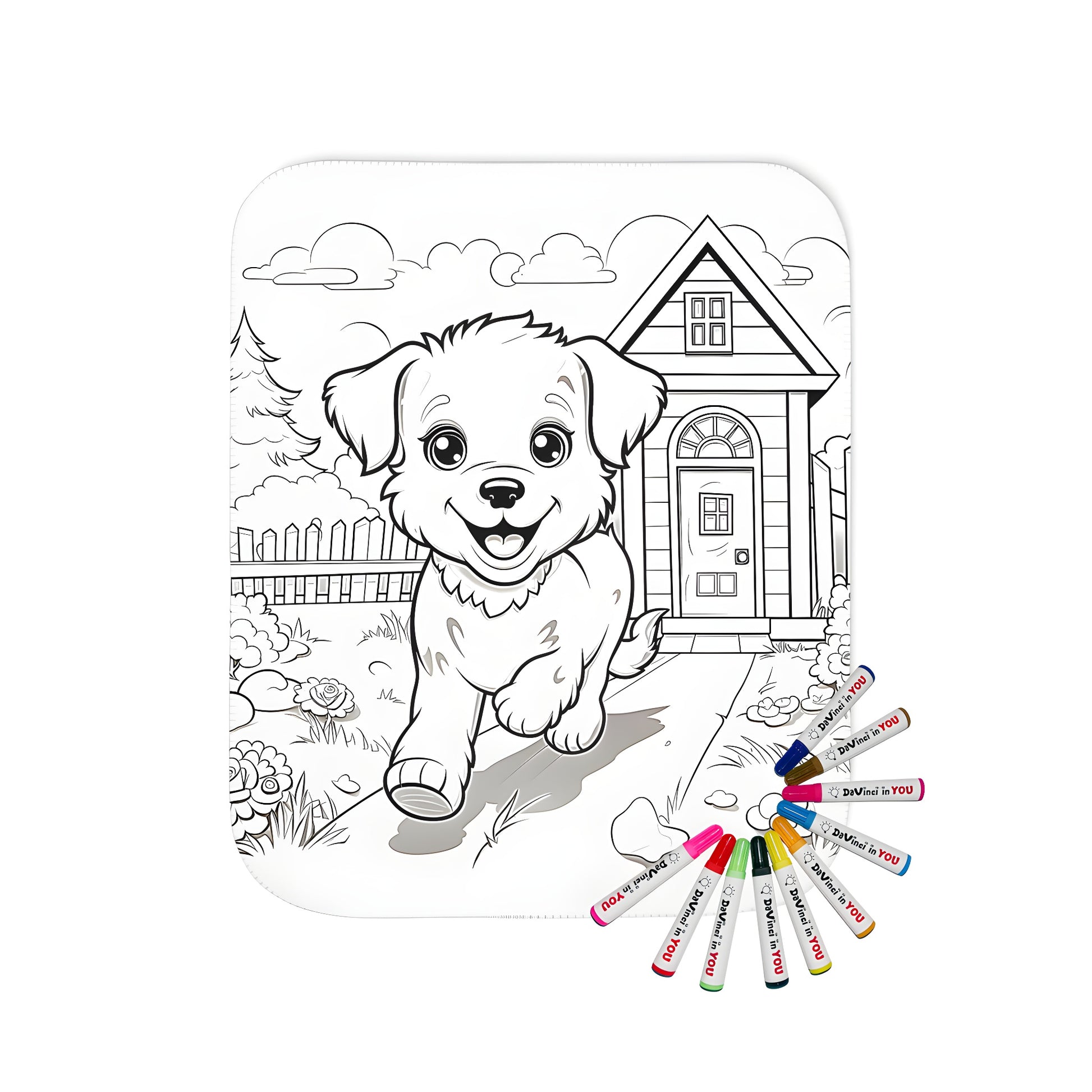 Coloring blanket featuring a happy pup running on a pathway in a garden with a house, flowers, and fence