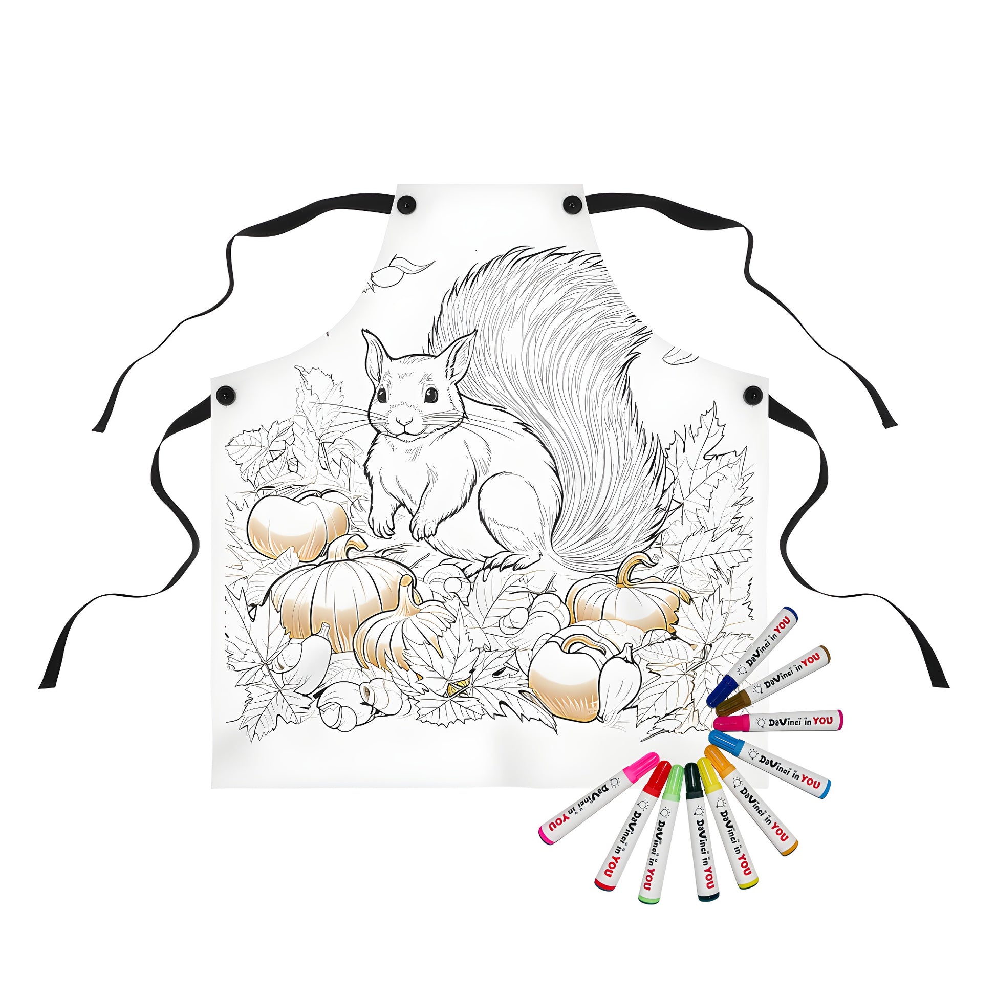 Detailed apron illustration featuring a squirrel, surrounded by colorful pumpkins and autumn leaves, perfect for fall season. Includes fabric markers