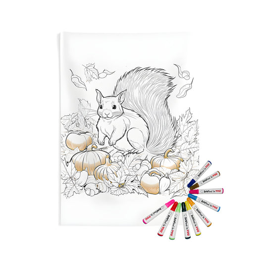 Indoor wall tapestry featuring a squirrel design surrounded by autumn elements and pumpkins for a cozy fall home decor. Also known as nut gathering animal, bushy tail mascot, forest creature, tree dweller, acorn collector, woodland spirit