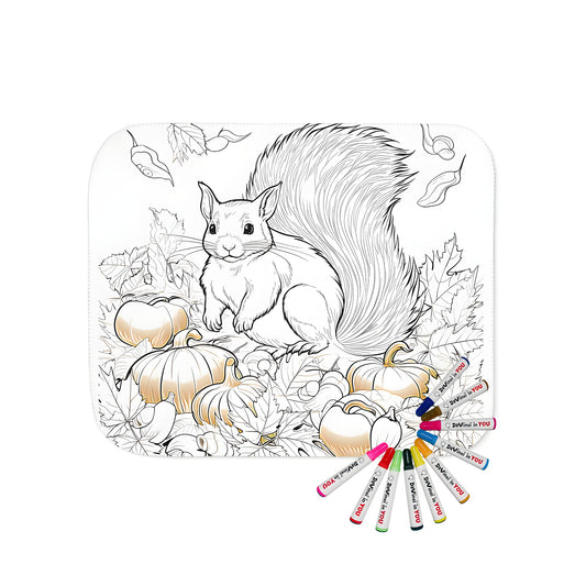 Blanket with a squirrel illustration featuring autumn foliage