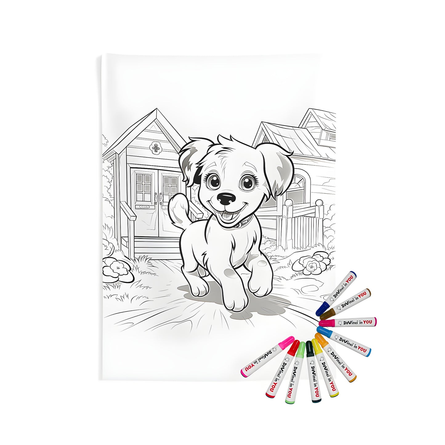 Coloring kit for indoor wall tapestries featuring a cute puppy, houses, and flowers