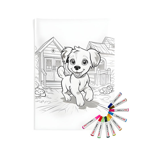 Coloring kit for indoor wall tapestries featuring a cute puppy, houses, and flowers