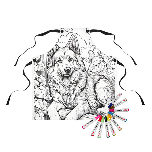 Apron featuring a detailed black and white outline drawing of a German Shepherd dog design, surrounded by leaves. Great for dog lovers and fans of the breed! Herding Dog, Alsatian, Shepherd Dog