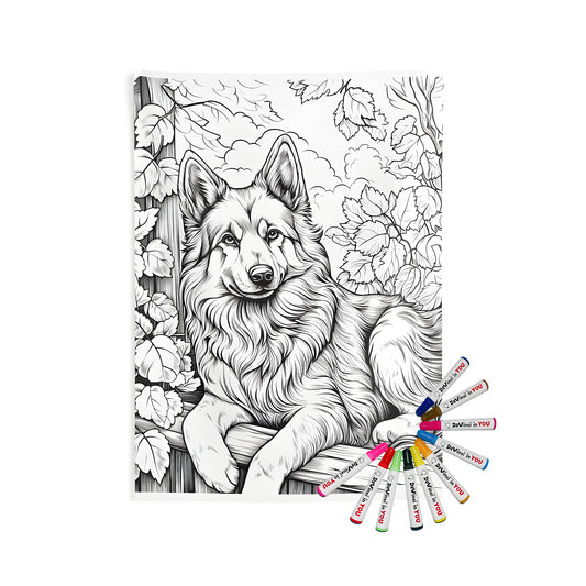 Indoor wall tapestries coloring kit with detailed black and white outline drawing of Alsatian shepherd dog resting on fence