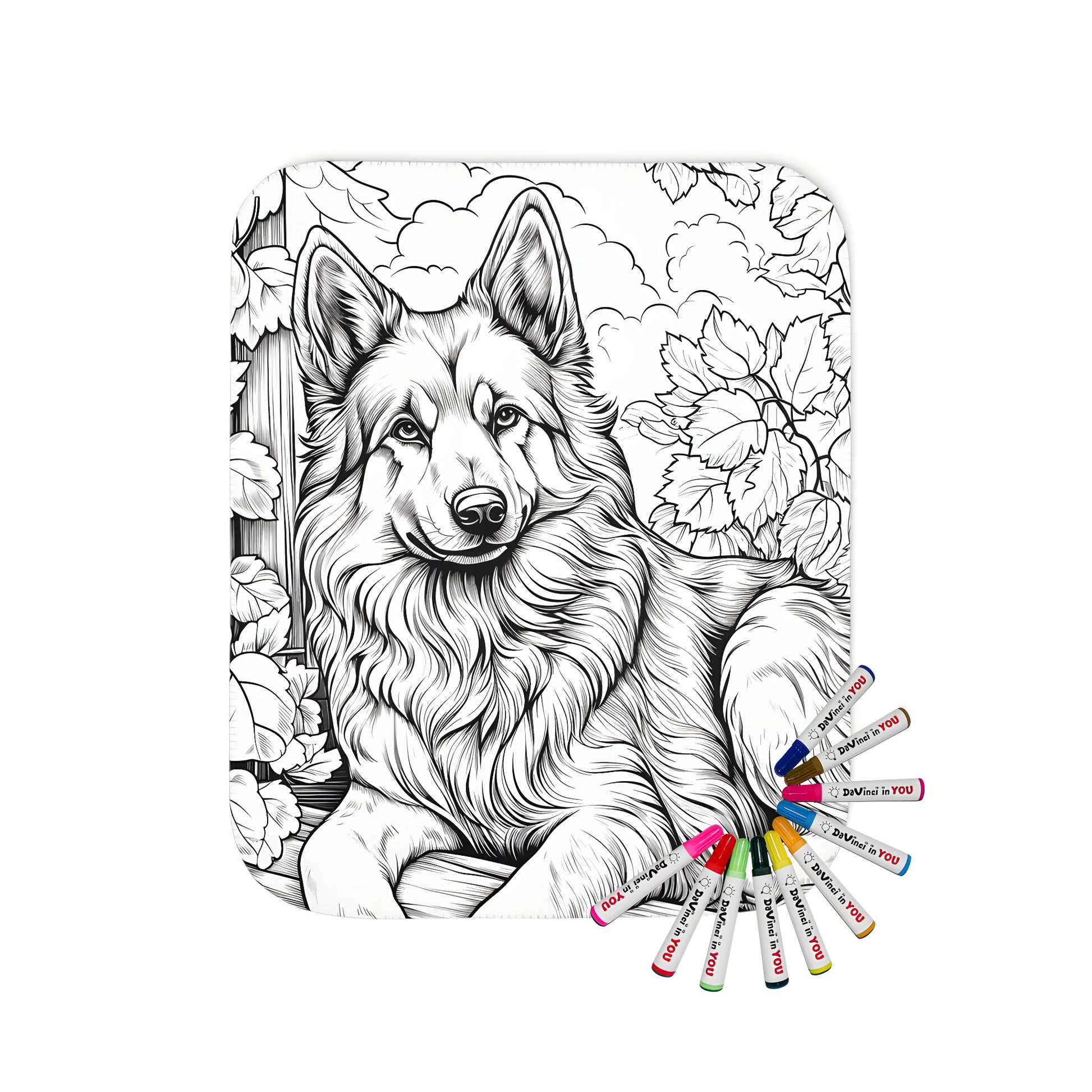 A beautiful blanket featuring a detailed drawing of a German Shepherd dog at rest, surrounded by foliage. Includes a set of 10 vibrant fabric markers for hours of fun and creative coloring.