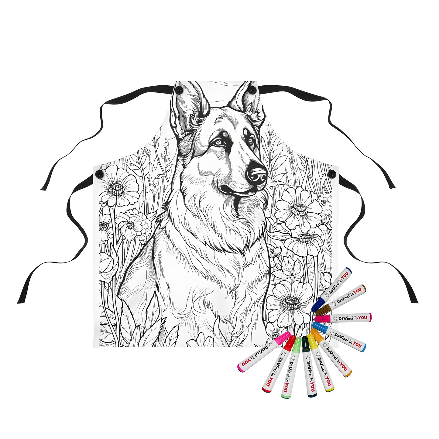 Apron featuring a detailed black and white illustration of a German Shepherd surrounded by flowers and plants, great for dog lovers and adult coloring enthusiasts