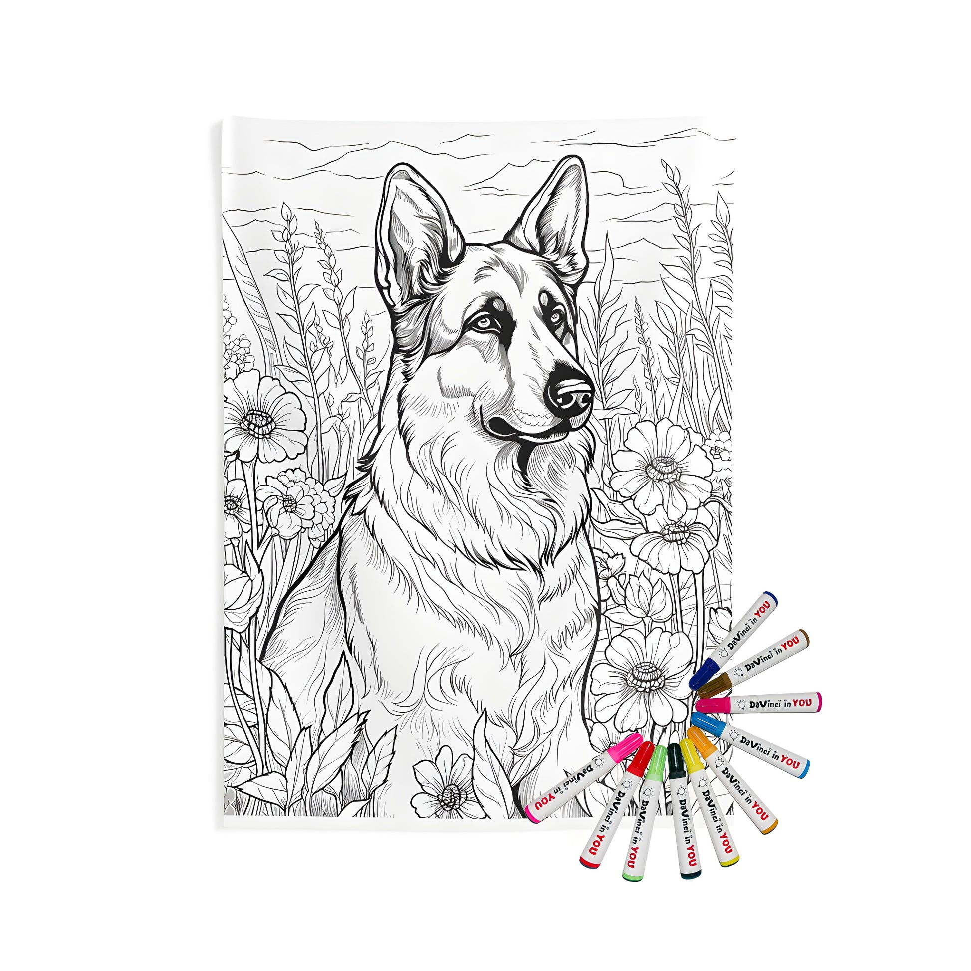 Decorative Indoor Wall Tapestry featuring a detailed black and white illustration of a German Shepherd breed dog surrounded by colorful flowers and plants