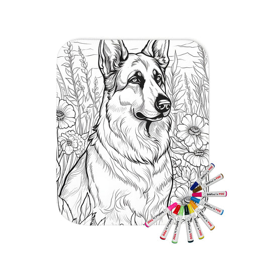 Cozy blanket featuring a detailed illustration of a German Shepherd surrounded by flowers and plants, perfect for dog lovers.