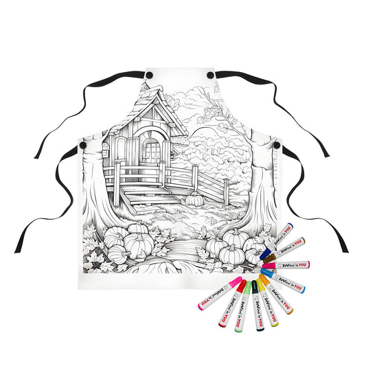 A cozy cabin amidst a serene forest landscape, as depicted on our apron, featuring autumnal tones and vibrant pumpkins. Crafted with fabric markers.