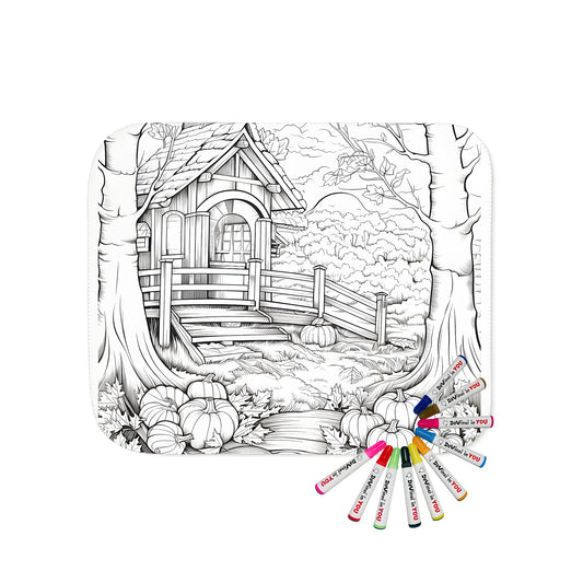 Cozy cottage blanket design featuring autumnal forest scene with trees and pumpkins, perfect for relaxation and decor