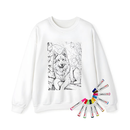 Coloring kit adult sweatshirt with detailed drawing of German Shepherd dog breed, Alsatian