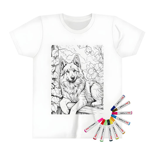 Kids' t-shirt featuring a detailed black and white outline drawing of a German Shepherd dog resting on a fence, surrounded by leaves