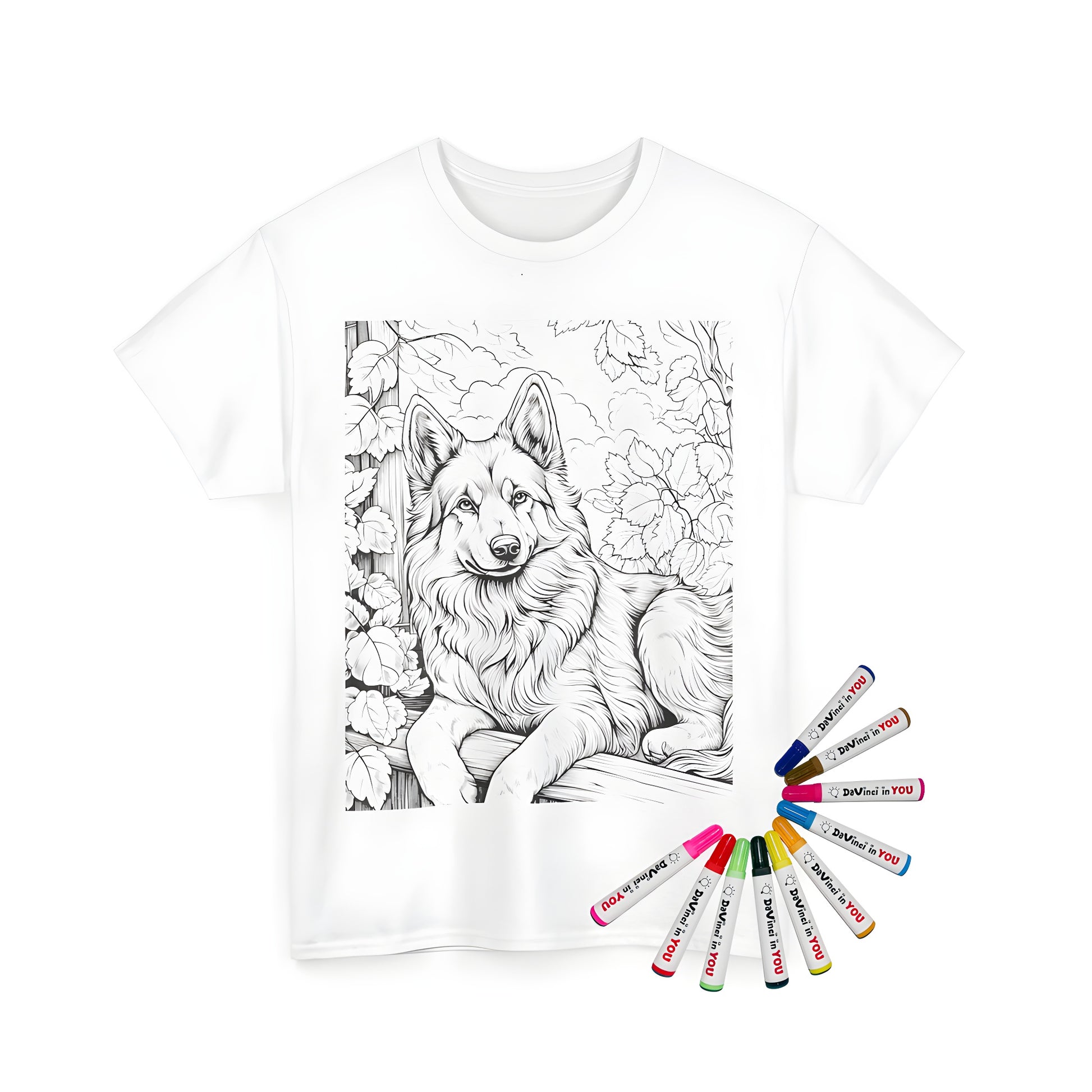 Unisex t-shirt featuring a detailed drawing of a German Shepherd resting on a fence surrounded by leaves