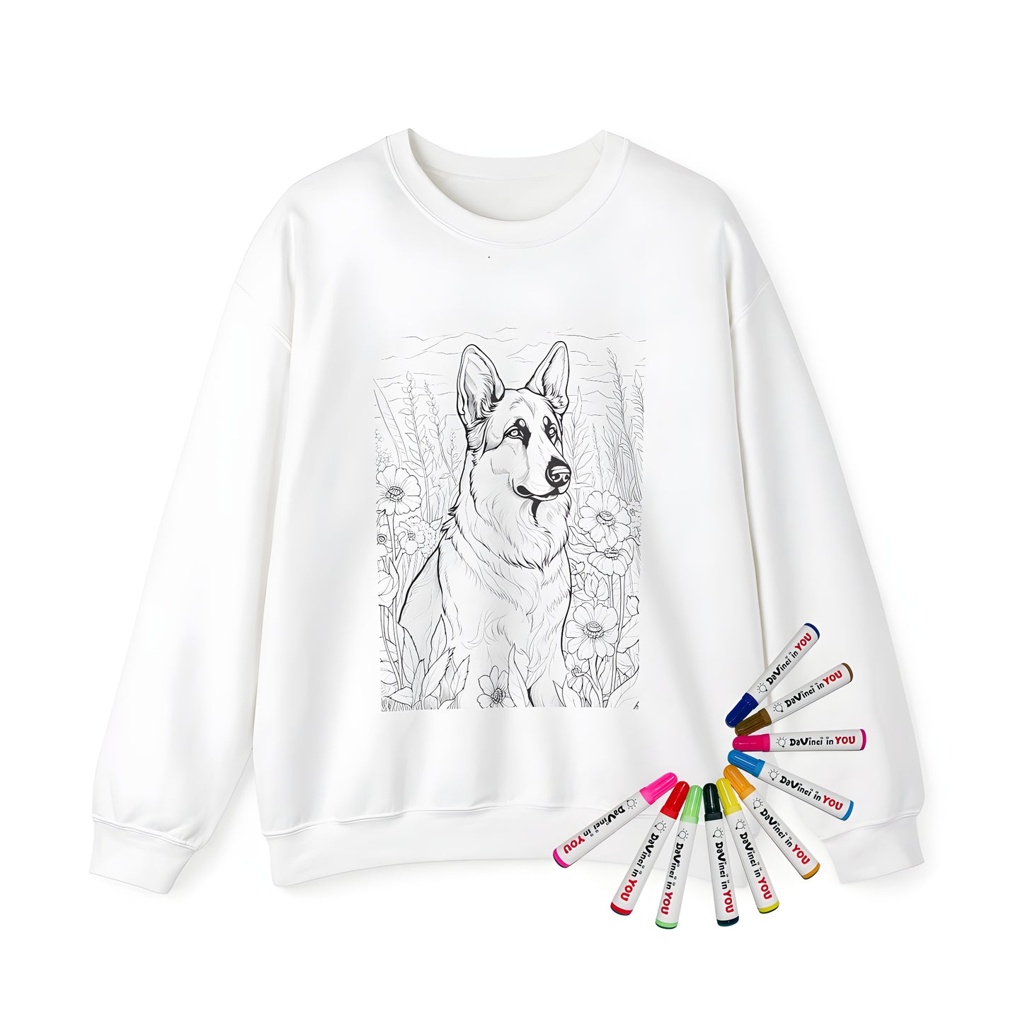 Adult sweatshirt featuring an exclusive coloring kit design of a German Shepherd, also known as Alsatian, Deutscher SchÃ¤ferhund or Shepherd Dog, surrounded by flowers and plants. Includes 10 fabric markers for creative expression.