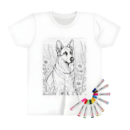 Kid's T-shirt featuring a colorful illustration of a German Shepherd dog breed surrounded by flowers and plants for kids to color