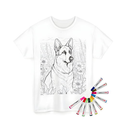 Colorful illustration of a German Shepherd dog breed surrounded by flowers and plants on a unisex t-shirt for kids and adults