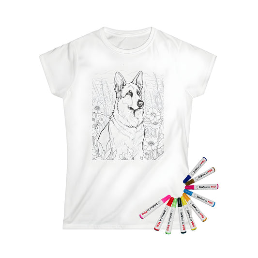 Women's t-shirt with a black and white German Shepherd dog illustration surrounded by flowers for coloring