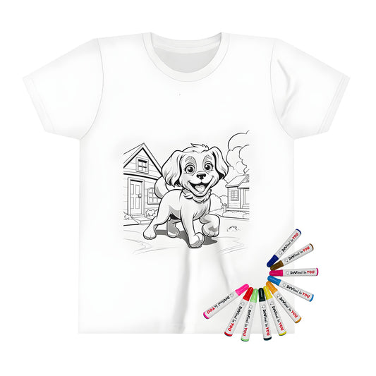 Kid's t-shirt with colorful dog breed design for boys and girls featuring puppies playing, houses and green bushes