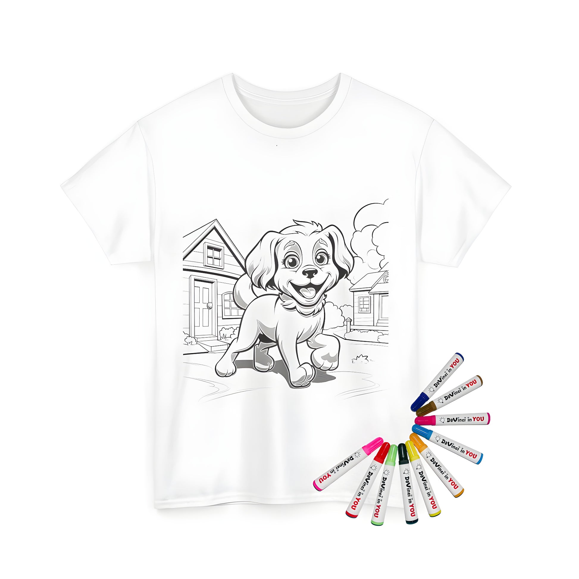 Coloring dog tee with fabric markers for adults and kids alike