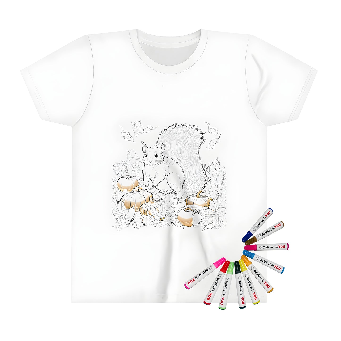 Coloring kit for kids with squirrel design on t-shirt and fabric markers