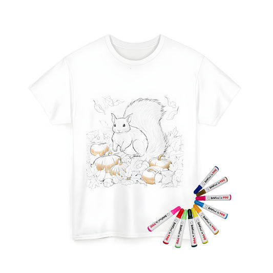 Unisex T-shirt featuring a squirrel illustration surrounded by pumpkins and autumn leaves, on a coloring page design